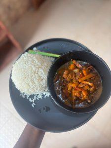 Hot bowl of white rice and steaming chicken sauce